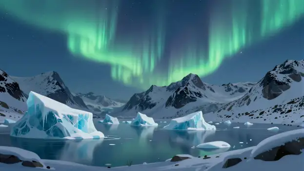 Snowy Mountain Range with Aurora Borealis and Icebergs