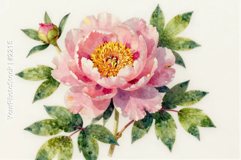 Large Pink Peony Flower with Yellow Center watercolor