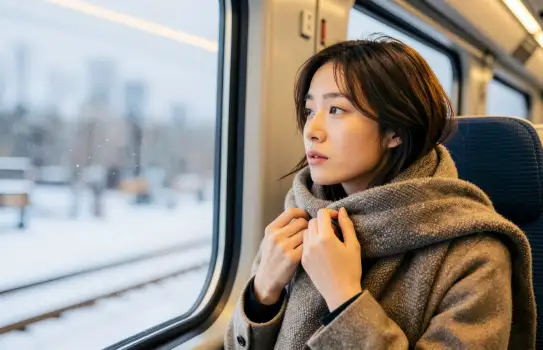 Asian Woman Waiting for Train cold season traveling