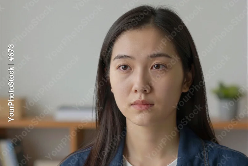 Serious Asian Woman in Blue Denim Jacket long hair
