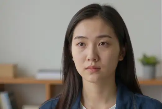 Serious Asian Woman in Blue Denim Jacket long hair
