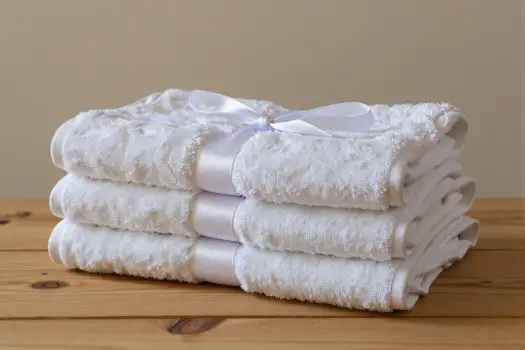 Neatly Folded White Towels Tied with Bow Ribbon hotel
