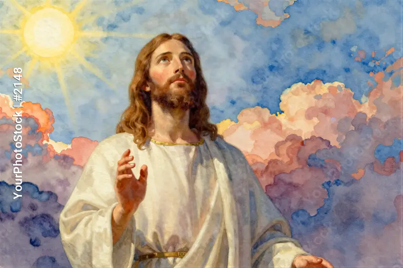 Jesus Christ Praying in Blue Sky with Clouds pink clouds