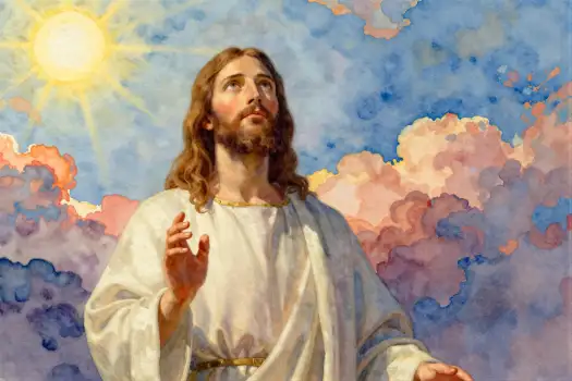 Jesus Christ Praying in Blue Sky with Clouds pink clouds