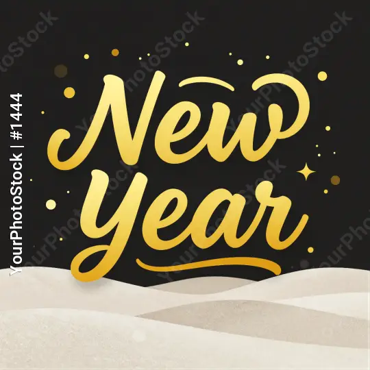 Gold Cursive 'New Year' Text on Black Background
