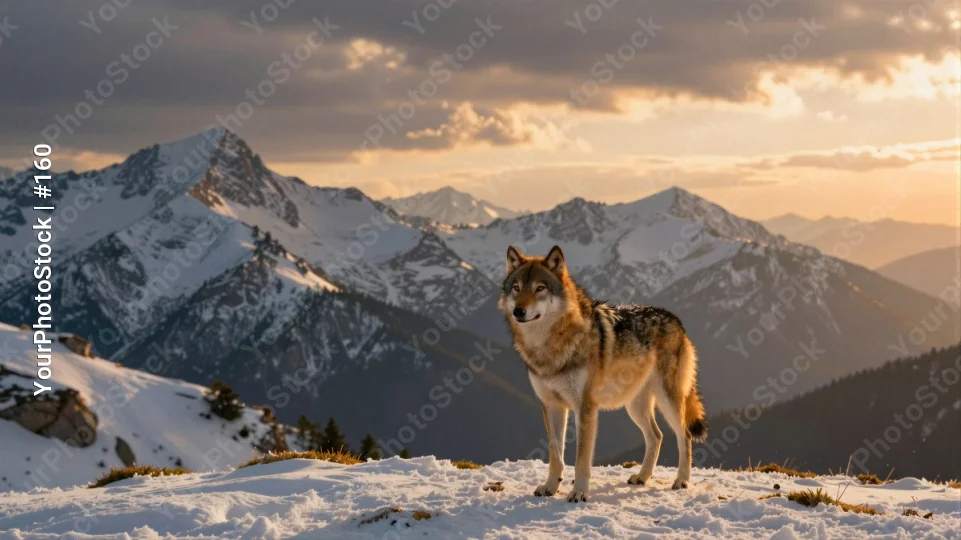 Snowy Mountain Peak with Wolf at Sunset sunrise