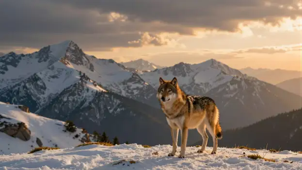 Snowy Mountain Peak with Wolf at Sunset sunrise