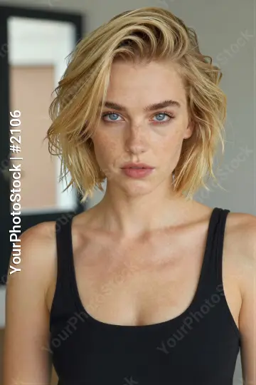 Young woman with blonde hair wearing black tank top model