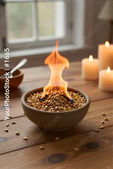 Wooden Table with Seeds and Flame candles kitchen
