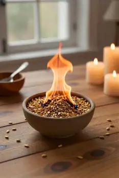Wooden Table with Seeds and Flame candles kitchen