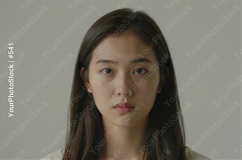 Serious Young Woman with Long Dark Hair Looking Directly at Camera