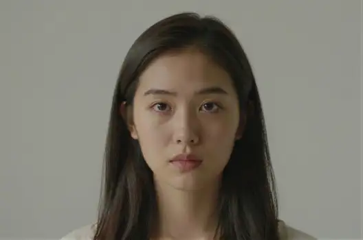 Serious Young Woman with Long Dark Hair Looking Directly at Camera