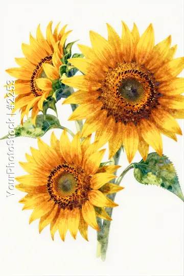 Three Sunflowers in Bloom watercolor yellow brown