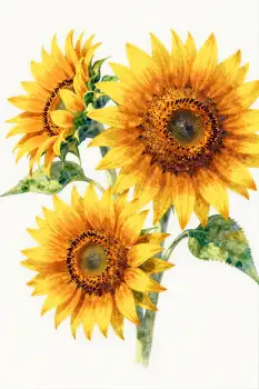 Three Sunflowers in Bloom watercolor yellow brown
