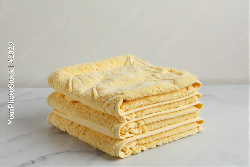 Neatly Folded Yellow Towels on Marble Surface hotel