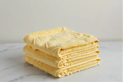 Neatly Folded Yellow Towels on Marble Surface hotel