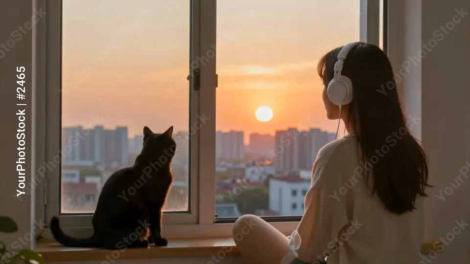 Young Woman on Window Watching Sunset city skyline