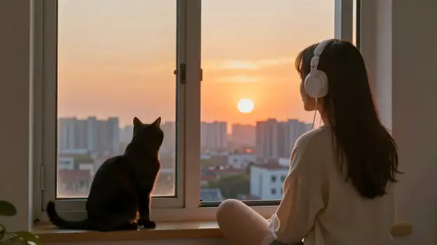 Young Woman on Window Watching Sunset city skyline