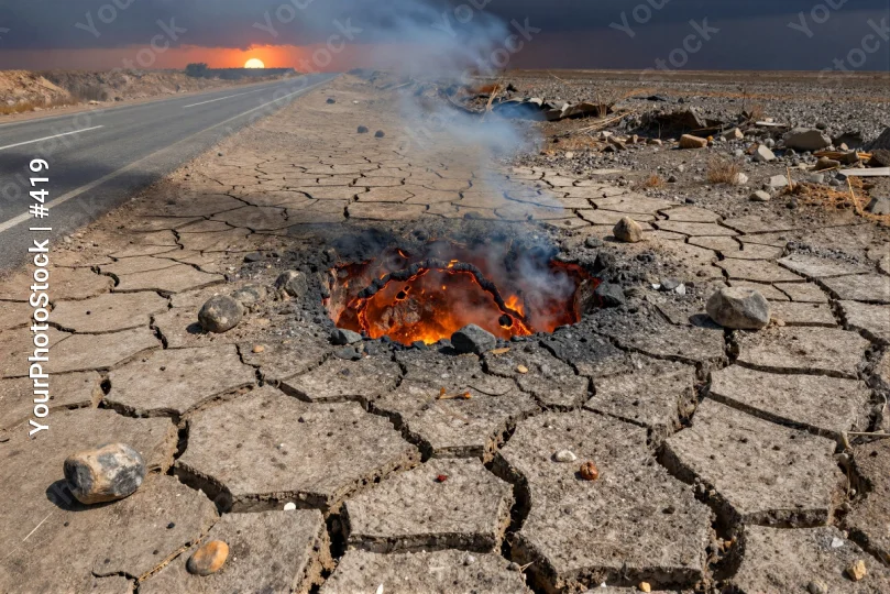Desert Road with Lava Hole at Sunset environmental