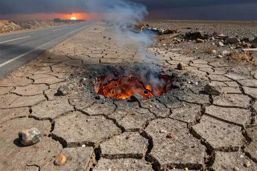 Desert Road with Lava Hole at Sunset environmental