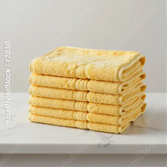 Stacked Yellow Towels on Marble Countertop textured fabric hotel