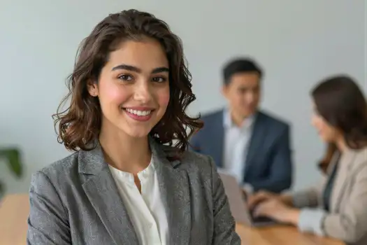 Young Woman Smiling at Camera in Modern Office business