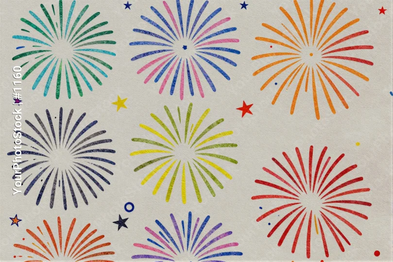 Nine Colorful Firework Illustrations on White Background
