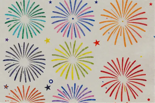 Nine Colorful Firework Illustrations on White Background