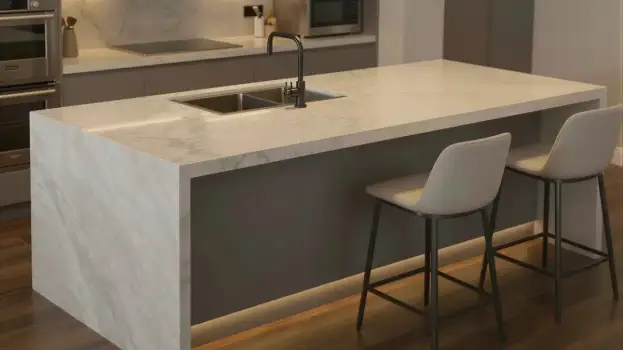 Modern Kitchen with Island and Barstools white countertop