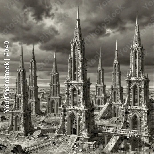 Abandoned Gothic City Spires black and white photograph