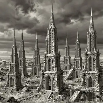Abandoned Gothic City Spires black and white photograph