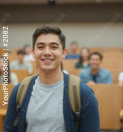 Young man smiling in lecture hall blue t-shirt student university