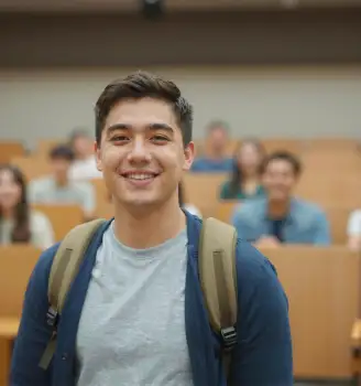 Young man smiling in lecture hall blue t-shirt student university