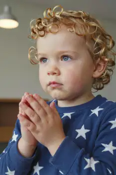 Young child praying close-up blurred background kid
