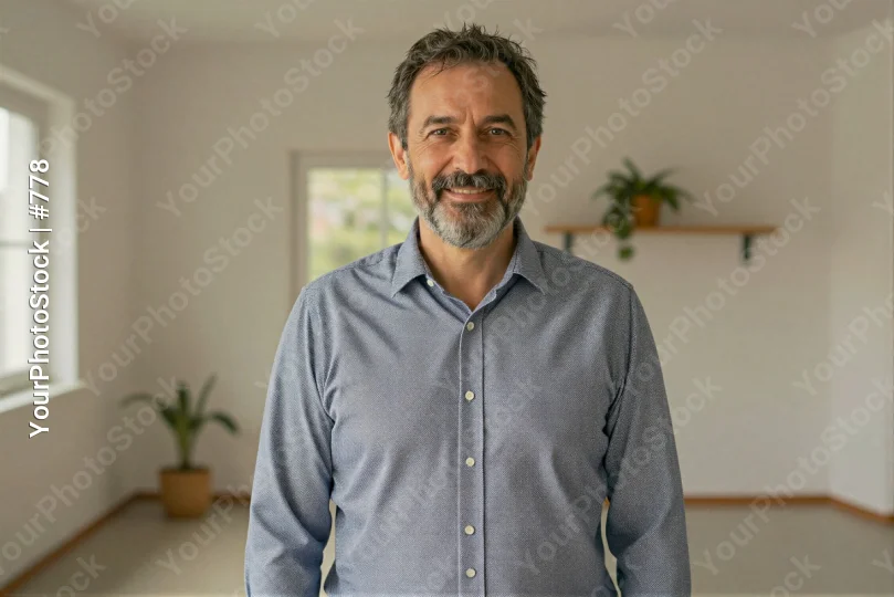 Middle-aged man smiling in an empty room white walls