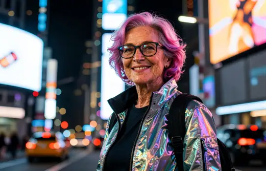 Vintage-style portrait of a old woman with purple hair in Times Square at night cyberpunk