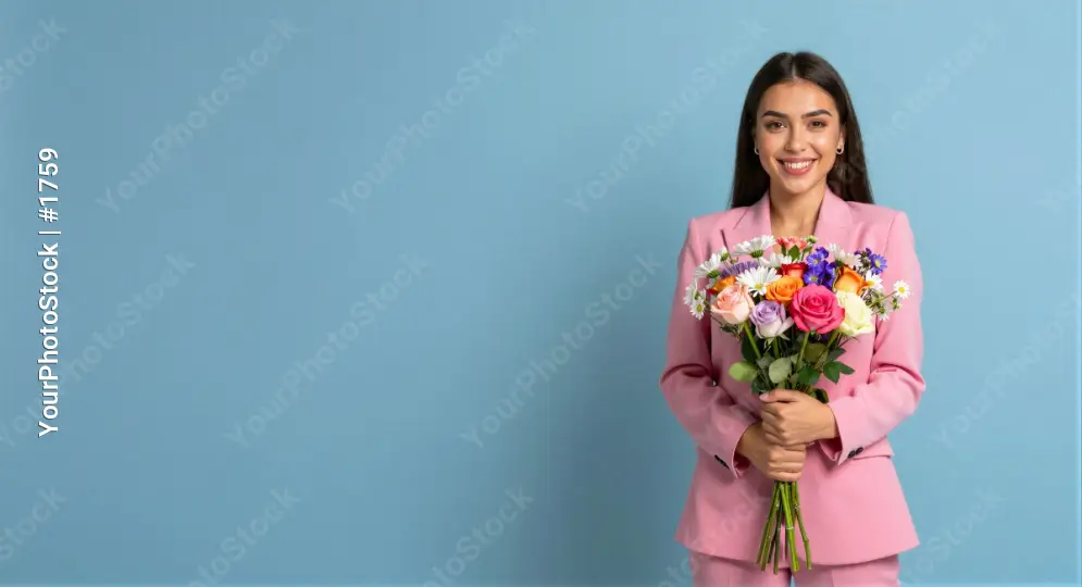 Happy Woman Holding Bouquet Against Light Blue Background