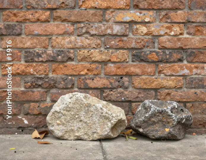Two Large Rocks on Ground in Front of Weathered Brick Wall