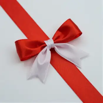 Red Ribbon with White Bow Close-Up neatly tied gift