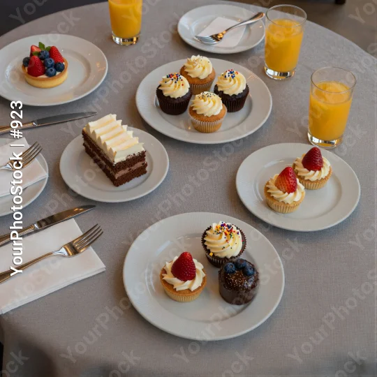 Six Plates of Food and Two Glasses of Orange Juice