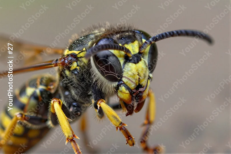 Close-up of Flying Wasp with Yellow and Black Stripes