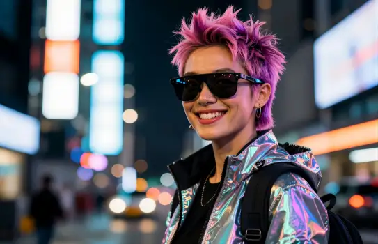 Vividly Colored Hair, City Nightlife cyberpunk woman smiling