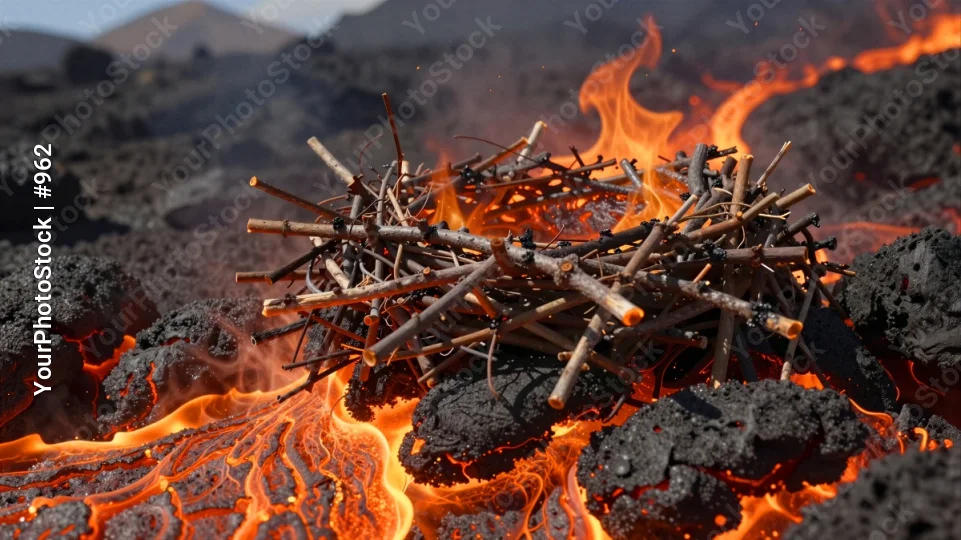 Burning Sticks on Lava Field dramatic intense