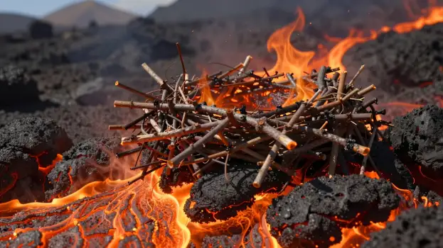 Burning Sticks on Lava Field dramatic intense