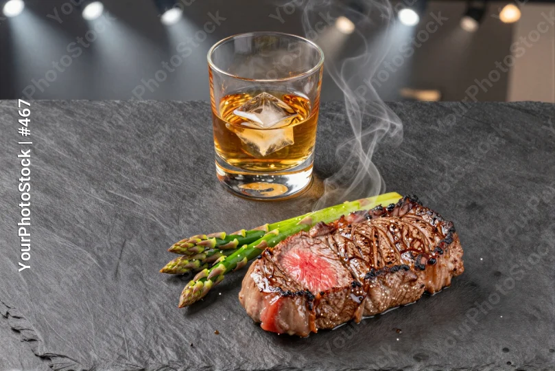 Medium-rare Steak with Herbs and Whiskey in Bar Setting