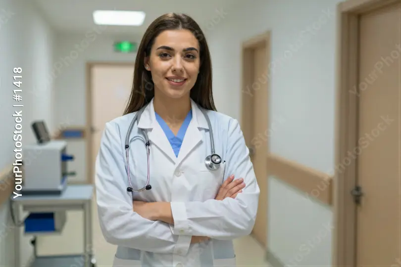 Young Female Doctor Smiling in Hospital Corridor woman