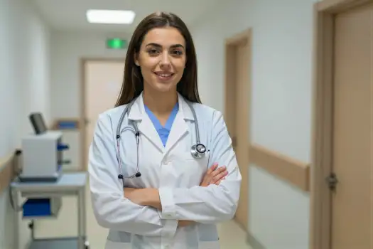 Young Female Doctor Smiling in Hospital Corridor woman