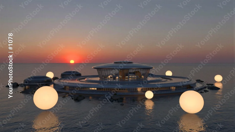 Sunset Over Ocean with Floating Island domed structure