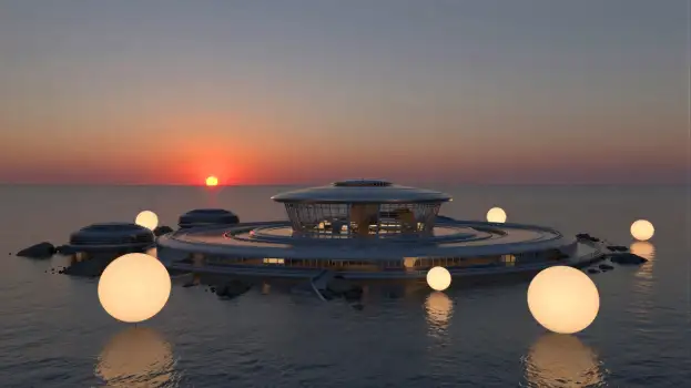 Sunset Over Ocean with Floating Island domed structure