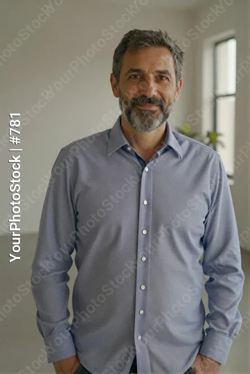 Middle-aged man smiling in empty room light blue shirt